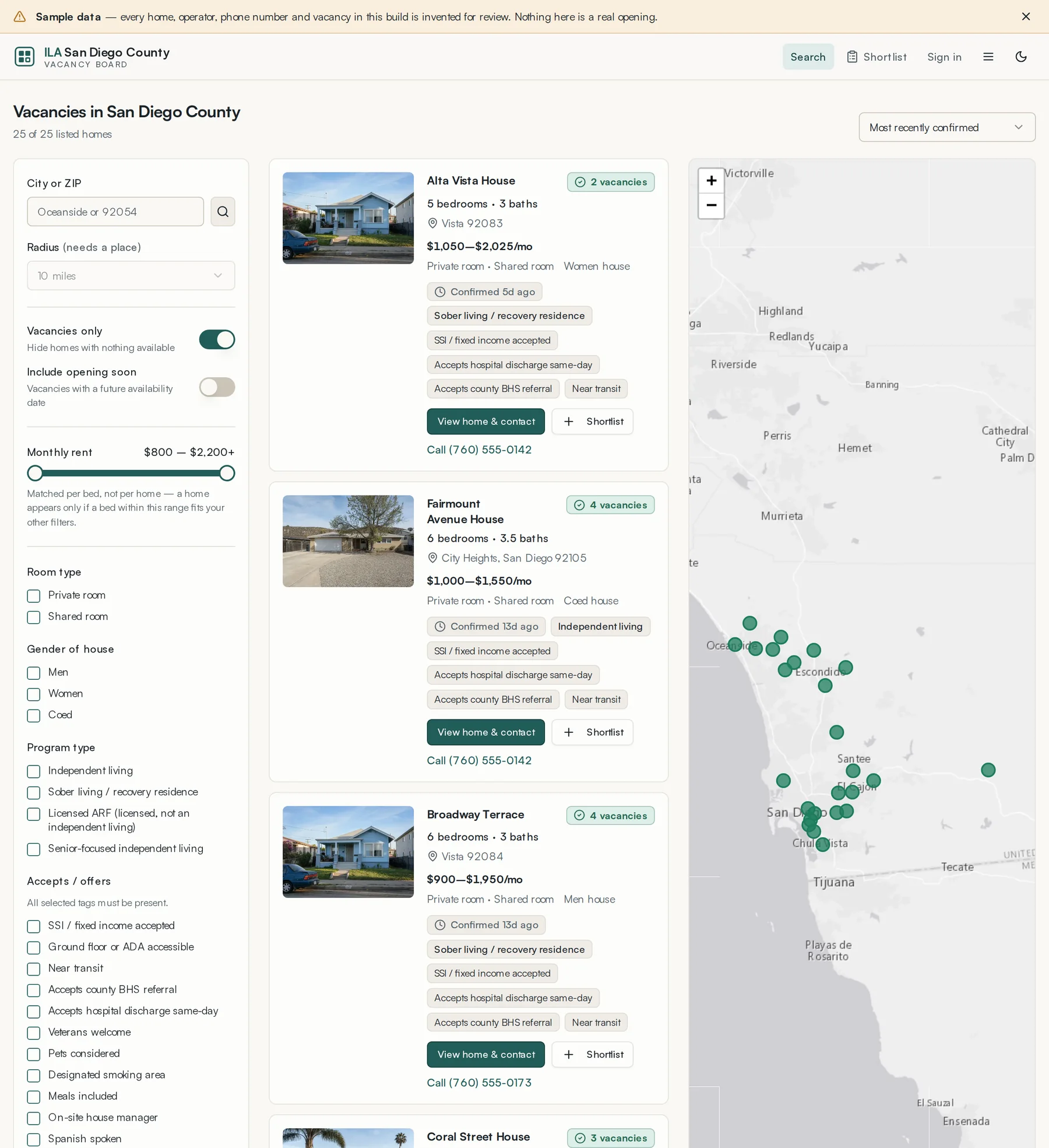 Search results. Filters on the left, results in the middle, map on the right.