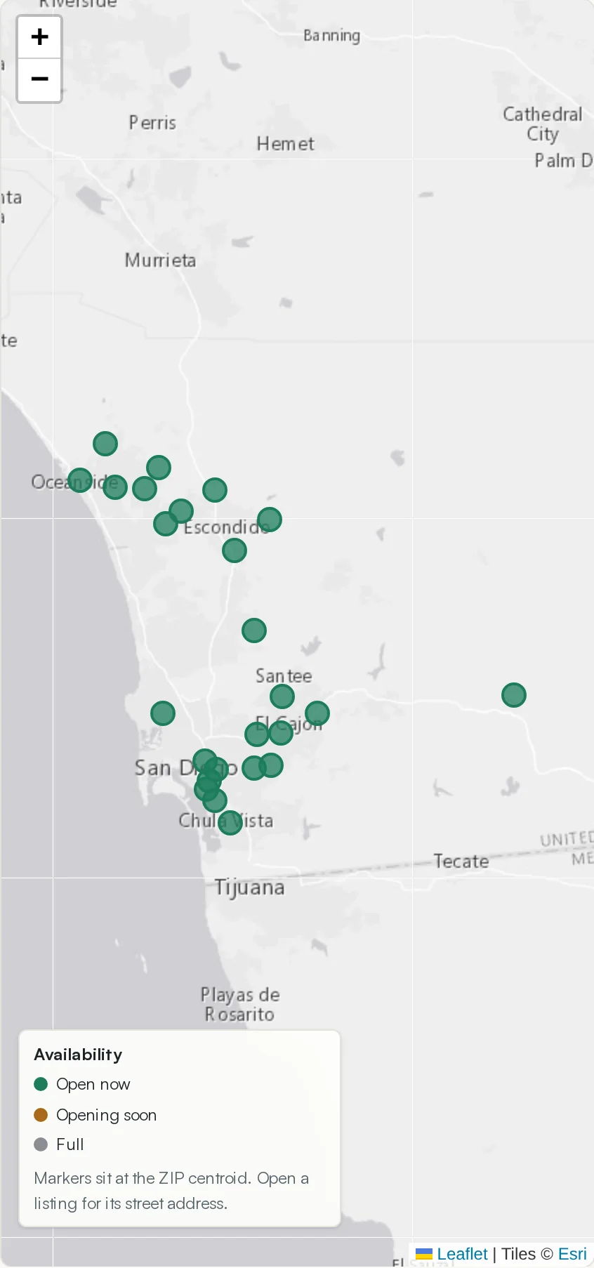 The map. Pins carry the vacancy count; clicking one opens the listing.