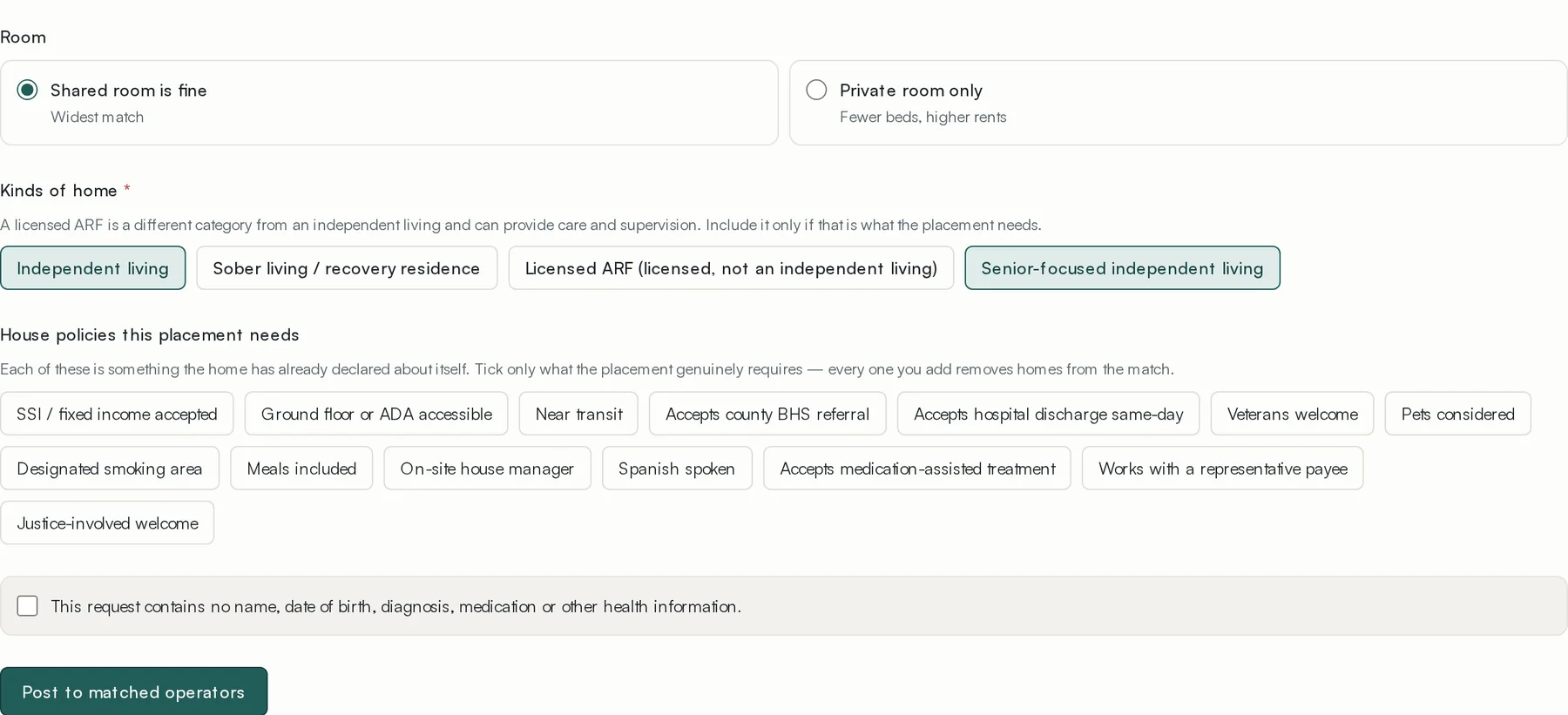 Kind of home, required policies, and the note.