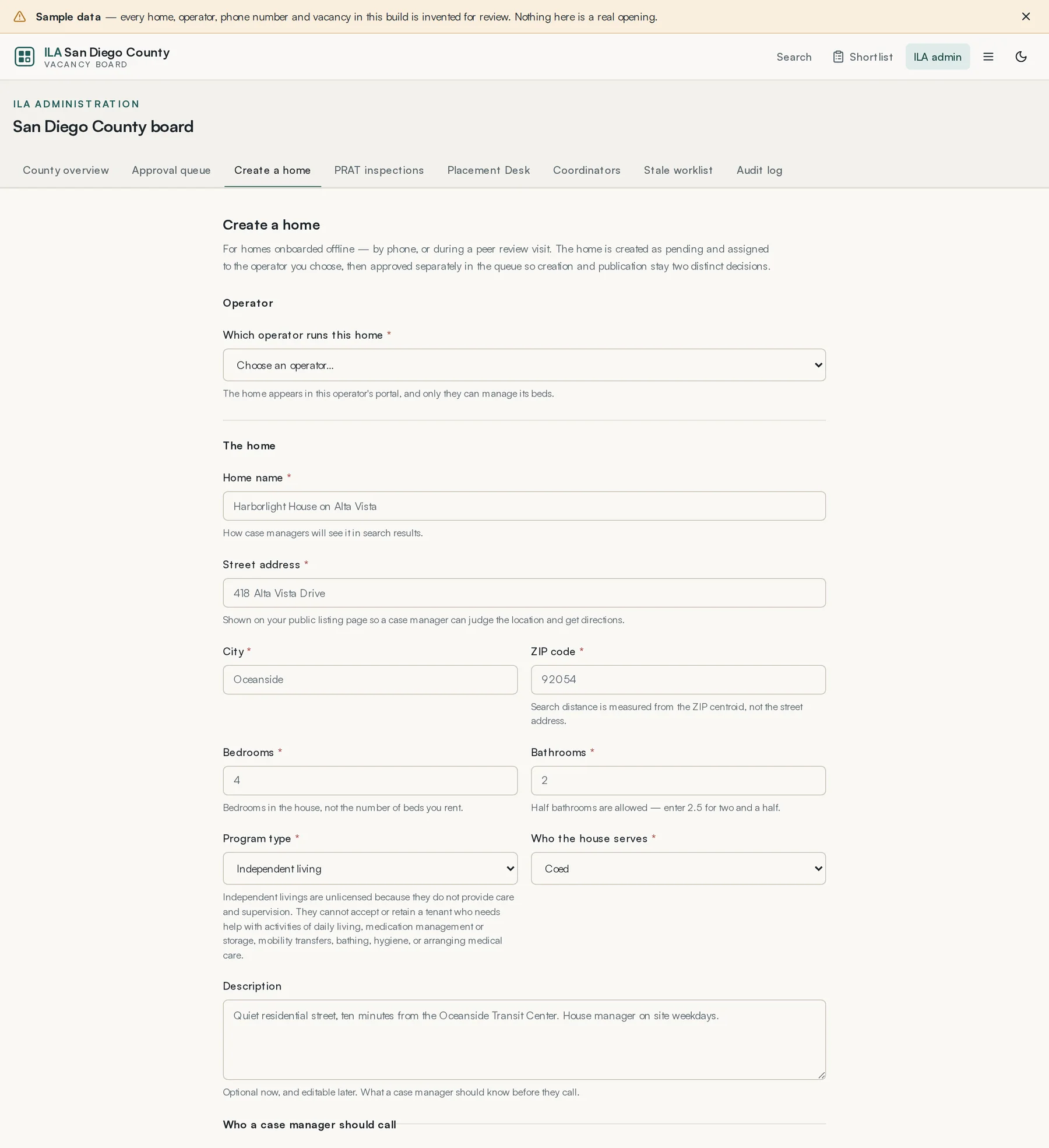 Creating a listing on an operator's behalf, for the operator who telephones rather than fills in a form.