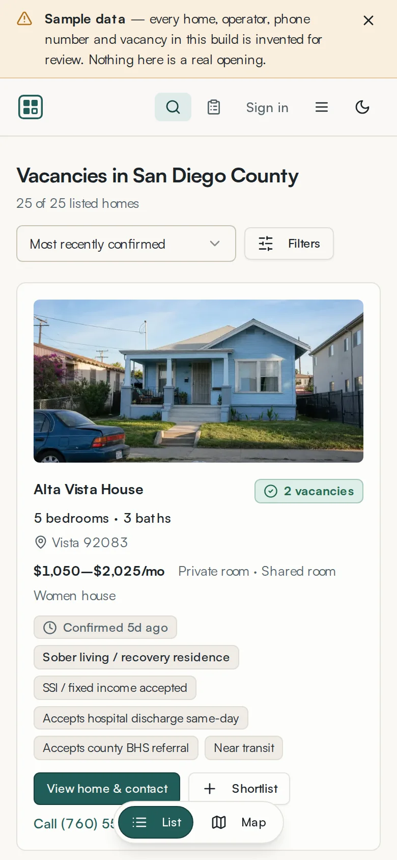 Search on a phone. Filters collapse behind a button and the map becomes a toggle at the bottom of the screen.